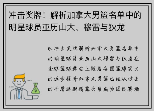 冲击奖牌！解析加拿大男篮名单中的明星球员亚历山大、穆雷与狄龙