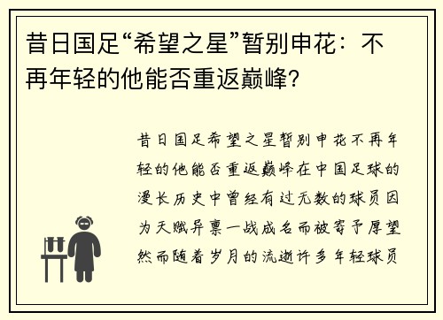 昔日国足“希望之星”暂别申花：不再年轻的他能否重返巅峰？