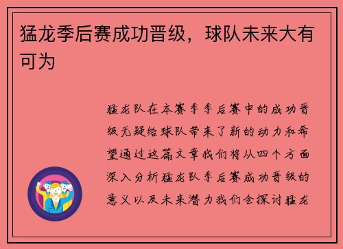 猛龙季后赛成功晋级，球队未来大有可为