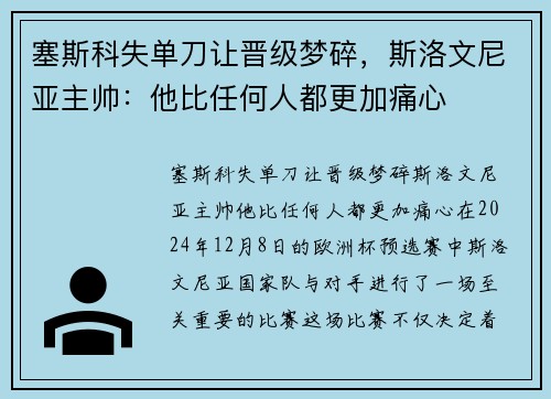 塞斯科失单刀让晋级梦碎，斯洛文尼亚主帅：他比任何人都更加痛心