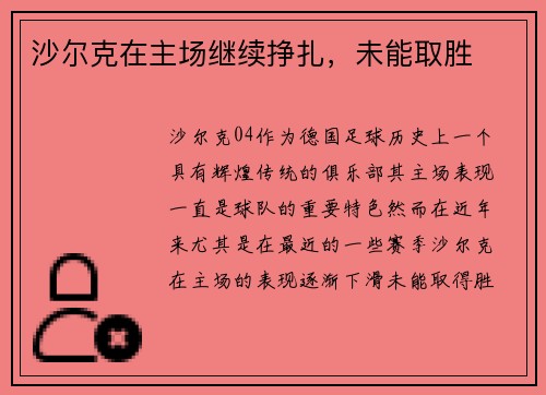 沙尔克在主场继续挣扎，未能取胜