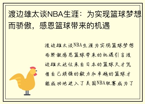 渡边雄太谈NBA生涯：为实现篮球梦想而骄傲，感恩篮球带来的机遇