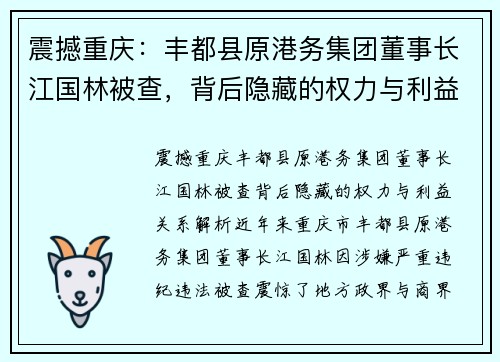 震撼重庆：丰都县原港务集团董事长江国林被查，背后隐藏的权力与利益关系解析