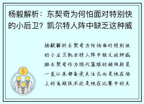 杨毅解析：东契奇为何怕面对特别快的小后卫？凯尔特人阵中缺乏这种威胁