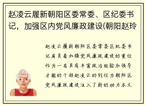 赵凌云履新朝阳区委常委、区纪委书记，加强区内党风廉政建设(朝阳赵玲)